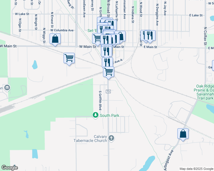 map of restaurants, bars, coffee shops, grocery stores, and more near 245 South Broad Street in Griffith