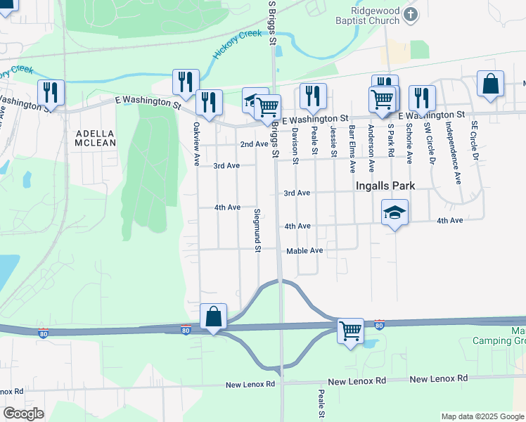 map of restaurants, bars, coffee shops, grocery stores, and more near 400 Siegmund Street in Joliet