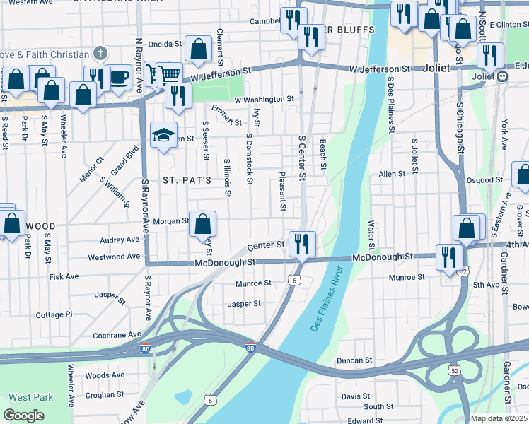 map of restaurants, bars, coffee shops, grocery stores, and more near 505 Morgan Street in Joliet