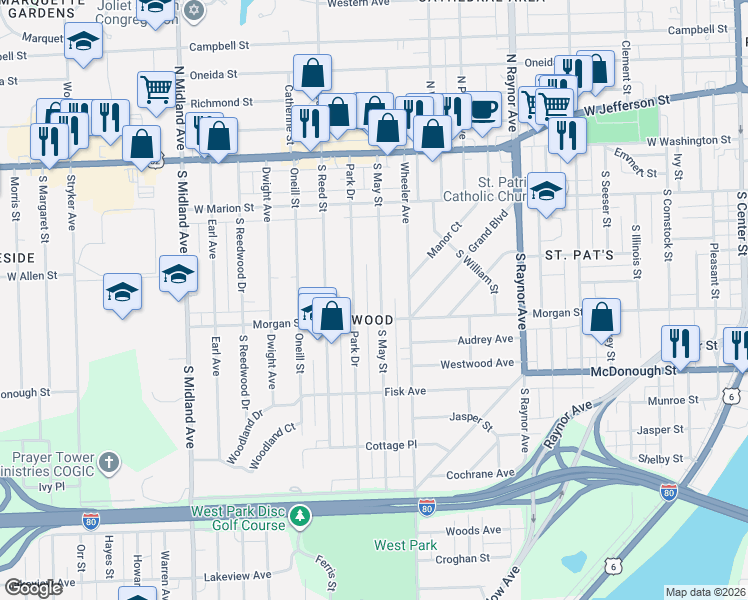 map of restaurants, bars, coffee shops, grocery stores, and more near 219 South May Street in Joliet