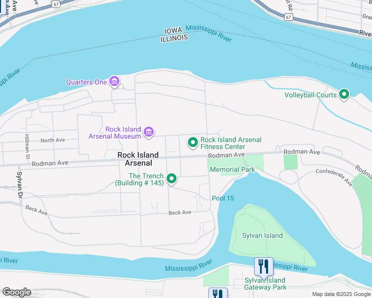 map of restaurants, bars, coffee shops, grocery stores, and more near 2149 Rodman Avenue in Rock Island