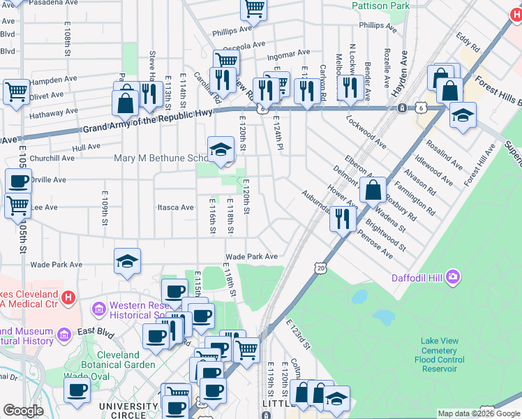 map of restaurants, bars, coffee shops, grocery stores, and more near 1455 East 120th Street in Cleveland