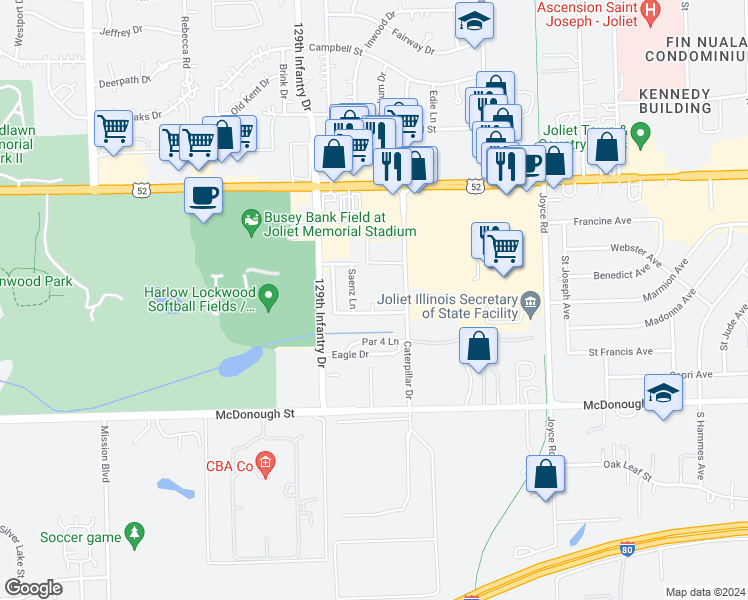 map of restaurants, bars, coffee shops, grocery stores, and more near 2637 Crescenzo Drive in Joliet