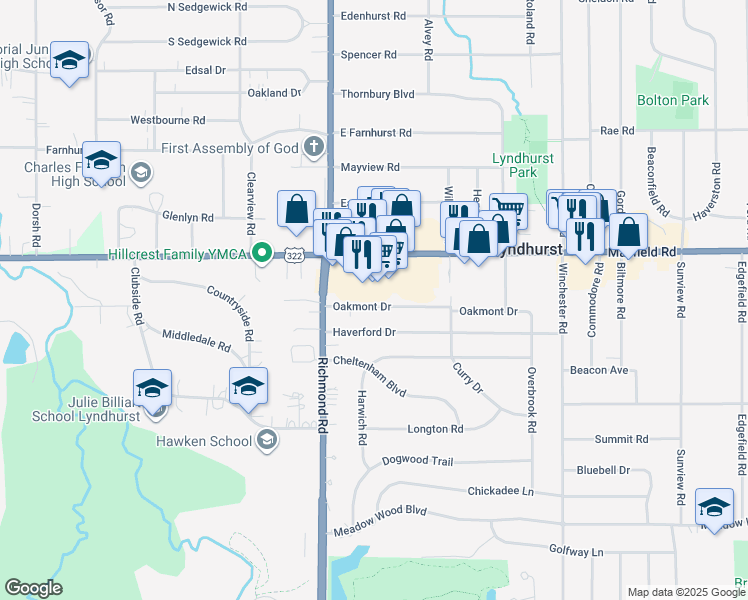 map of restaurants, bars, coffee shops, grocery stores, and more near 5119 Oakmont Drive in Lyndhurst