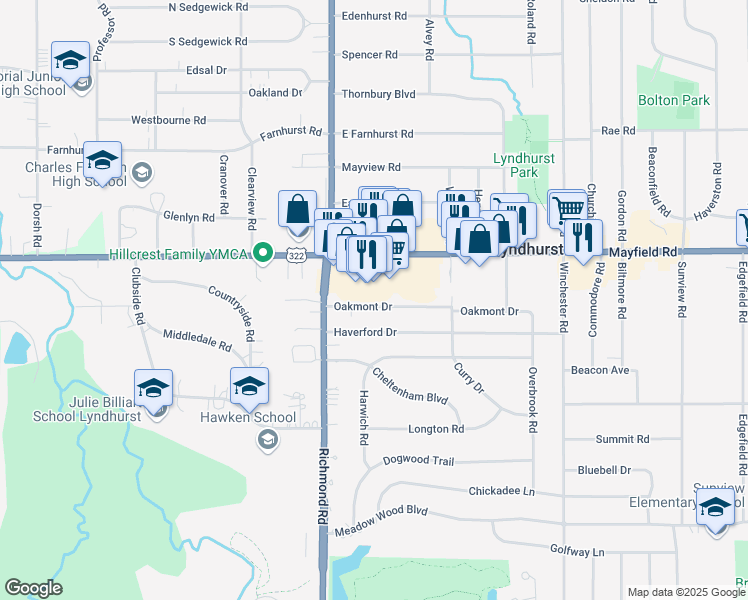 map of restaurants, bars, coffee shops, grocery stores, and more near 5119 Oakmont Drive in Lyndhurst