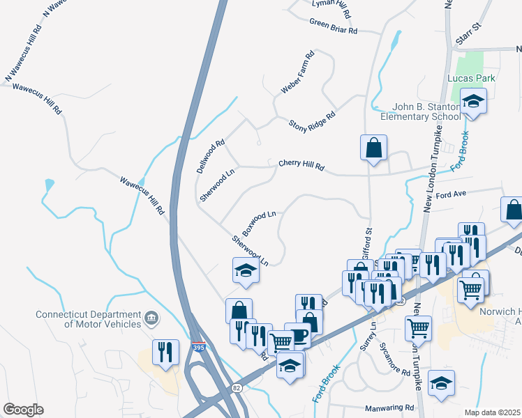 map of restaurants, bars, coffee shops, grocery stores, and more near 12 Boxwood Lane in Norwich