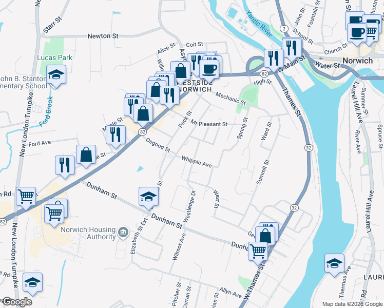 map of restaurants, bars, coffee shops, grocery stores, and more near 27 Scott Street in Norwich