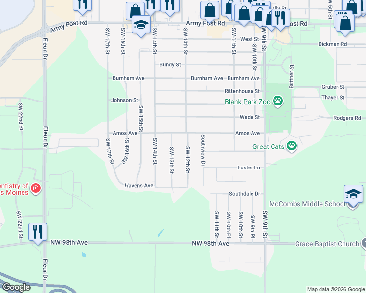 map of restaurants, bars, coffee shops, grocery stores, and more near 7208 Southwest 12th Street in Des Moines