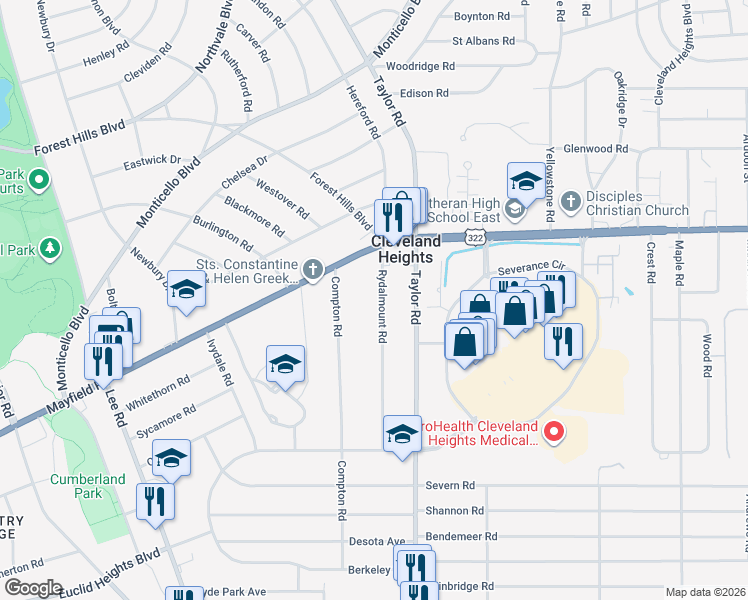map of restaurants, bars, coffee shops, grocery stores, and more near 1508 Rydalmount Road in Cleveland Heights
