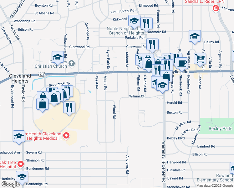 map of restaurants, bars, coffee shops, grocery stores, and more near 1521 Parkhill Road in Cleveland Heights