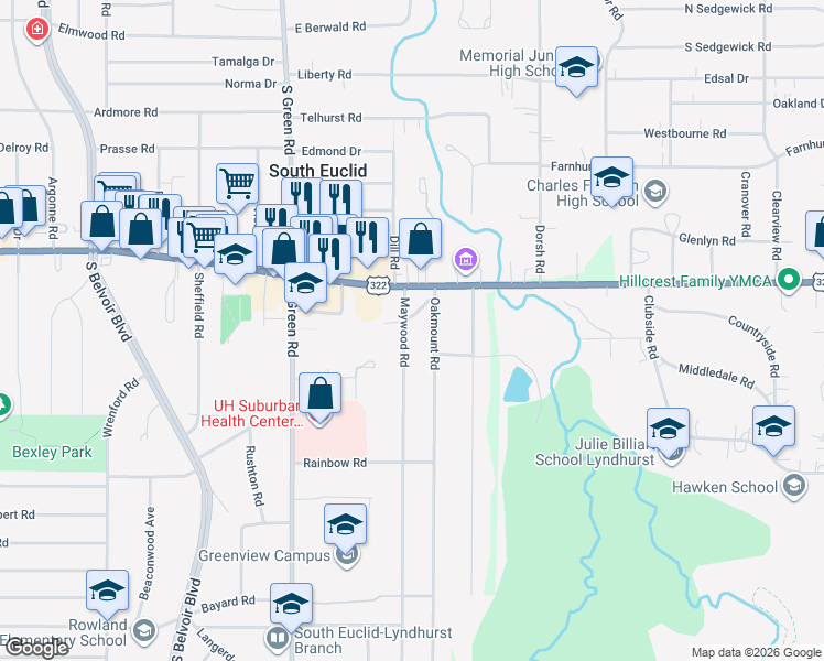 map of restaurants, bars, coffee shops, grocery stores, and more near 1519 Maywood Road in South Euclid