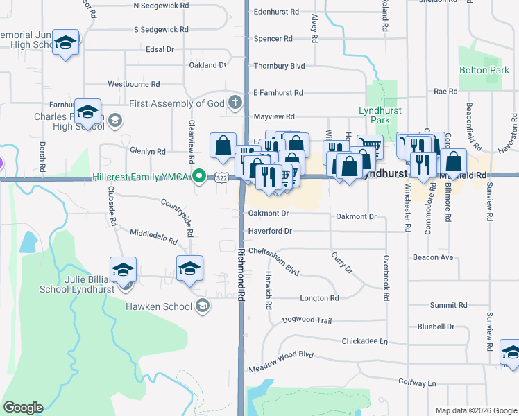 map of restaurants, bars, coffee shops, grocery stores, and more near 5083 Oakmont Drive in Lyndhurst