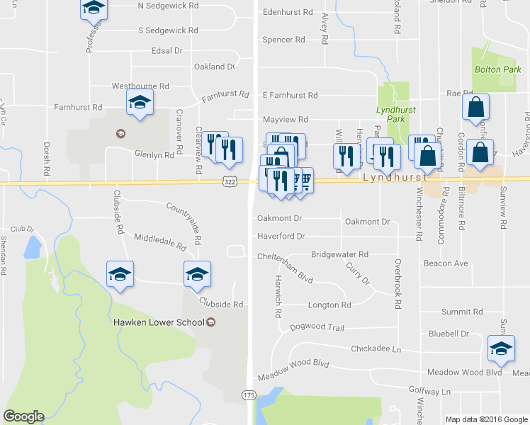 map of restaurants, bars, coffee shops, grocery stores, and more near 5083 Oakmont Dr in Lyndhurst