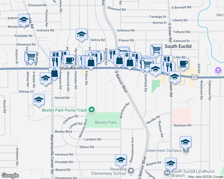 map of restaurants, bars, coffee shops, grocery stores, and more near 1524 Laclede Road in South Euclid