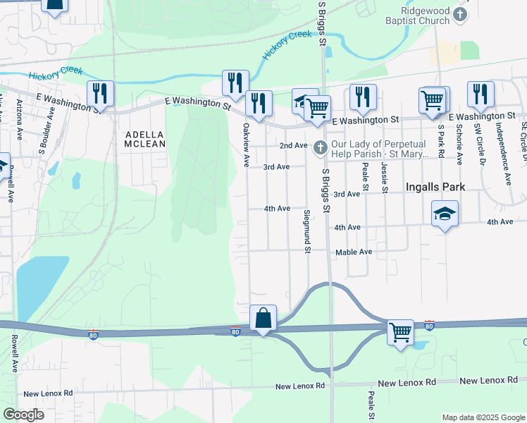 map of restaurants, bars, coffee shops, grocery stores, and more near 1408 4th Avenue in Joliet
