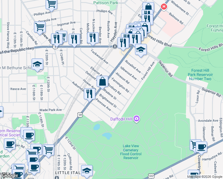 map of restaurants, bars, coffee shops, grocery stores, and more near 1830 Roxbury Road in East Cleveland