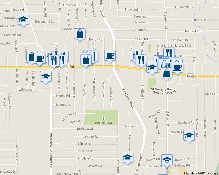 map of restaurants, bars, coffee shops, grocery stores, and more near 1524 Laclede Rd in South Euclid