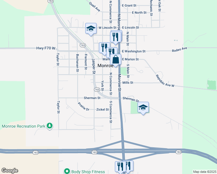 map of restaurants, bars, coffee shops, grocery stores, and more near 411 S Commerce St in Monroe