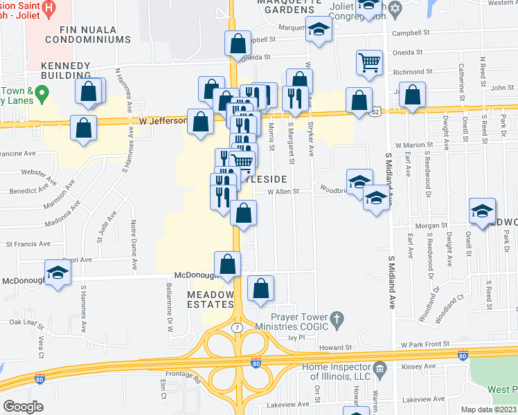 map of restaurants, bars, coffee shops, grocery stores, and more near 208 Emery Street in Joliet