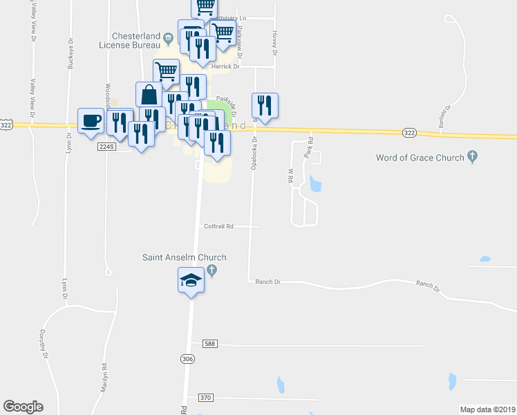 map of restaurants, bars, coffee shops, grocery stores, and more near 12867 Opalocka Drive in Chesterland
