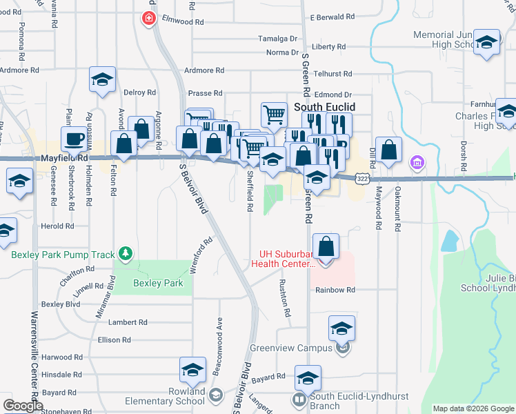 map of restaurants, bars, coffee shops, grocery stores, and more near 1521 Sheffield Road in South Euclid