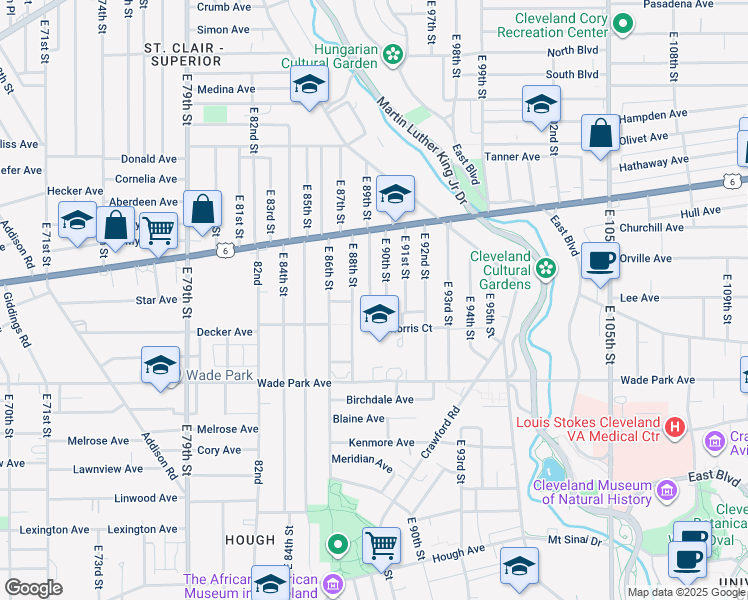 map of restaurants, bars, coffee shops, grocery stores, and more near 1375 East 89th Street in Cleveland