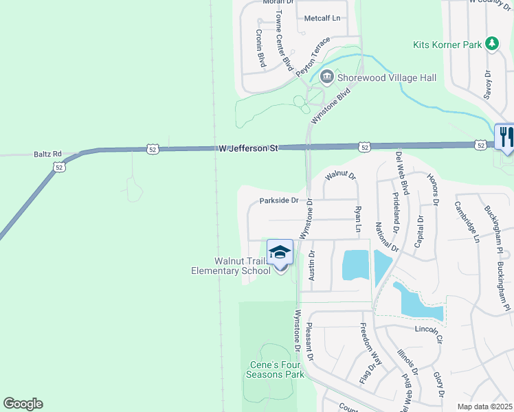 map of restaurants, bars, coffee shops, grocery stores, and more near 1825 Parkside Drive in Shorewood