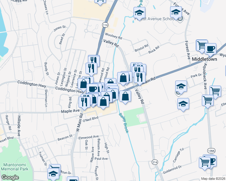 map of restaurants, bars, coffee shops, grocery stores, and more near 4 Rego Road in Middletown