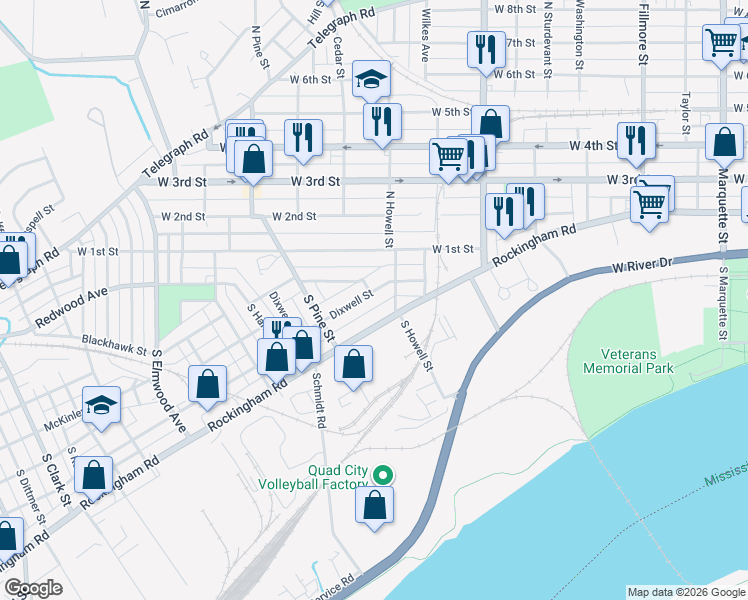 map of restaurants, bars, coffee shops, grocery stores, and more near 1929 Dixwell Street in Davenport