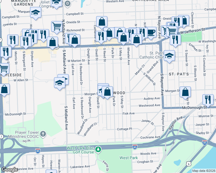 map of restaurants, bars, coffee shops, grocery stores, and more near 216 South Reed Street in Joliet