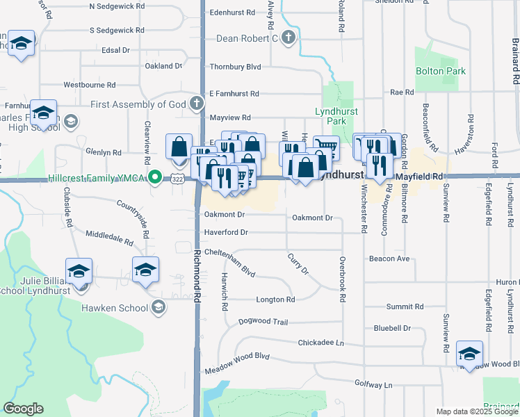 map of restaurants, bars, coffee shops, grocery stores, and more near 5165 Oakmont Drive in Lyndhurst