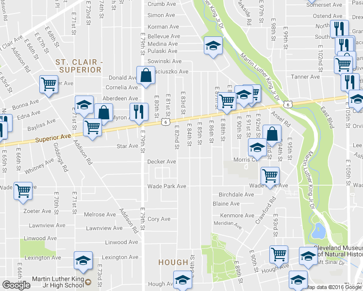 map of restaurants, bars, coffee shops, grocery stores, and more near 1357 East 82nd Street in Cleveland