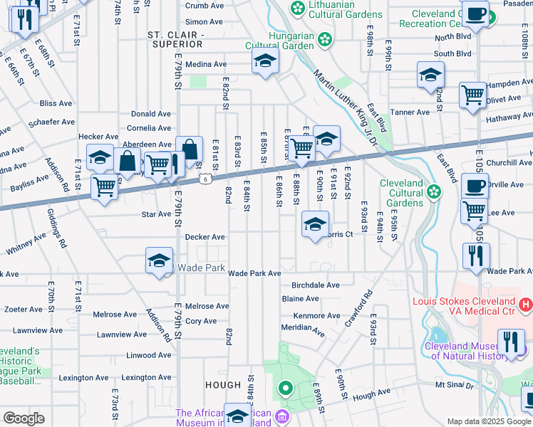 map of restaurants, bars, coffee shops, grocery stores, and more near 1365 East 85th Street in Cleveland