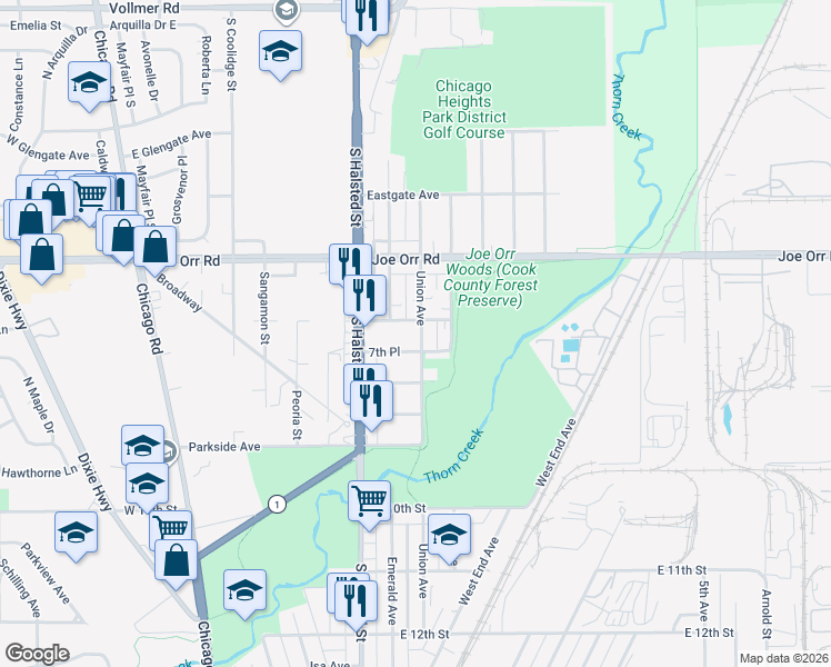 map of restaurants, bars, coffee shops, grocery stores, and more near 210 Southgate Avenue in Chicago Heights