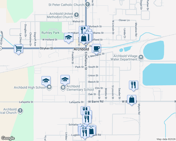 map of restaurants, bars, coffee shops, grocery stores, and more near 204 S Defiance St in Archbold