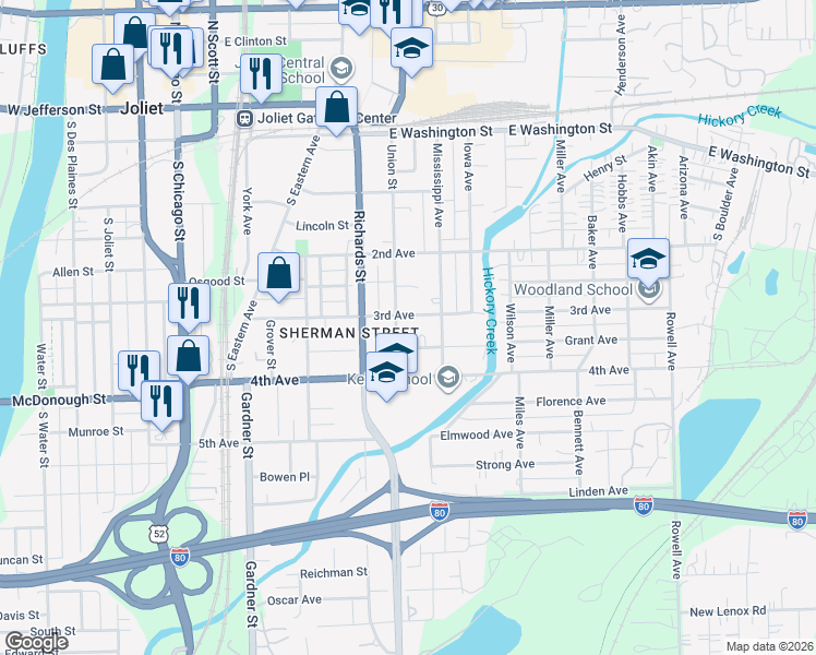 map of restaurants, bars, coffee shops, grocery stores, and more near 304 Union Street in Joliet