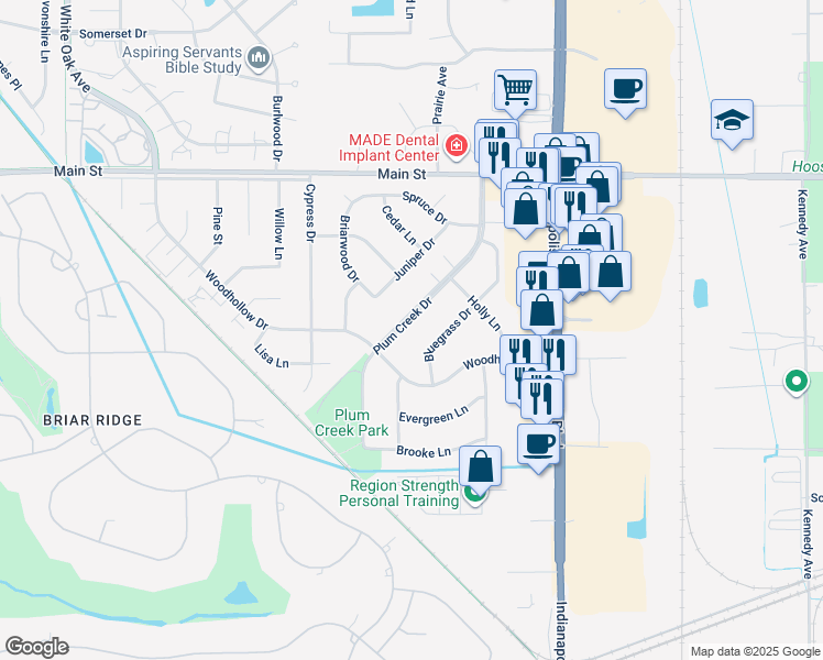 map of restaurants, bars, coffee shops, grocery stores, and more near 213 Plum Creek Drive in Schererville