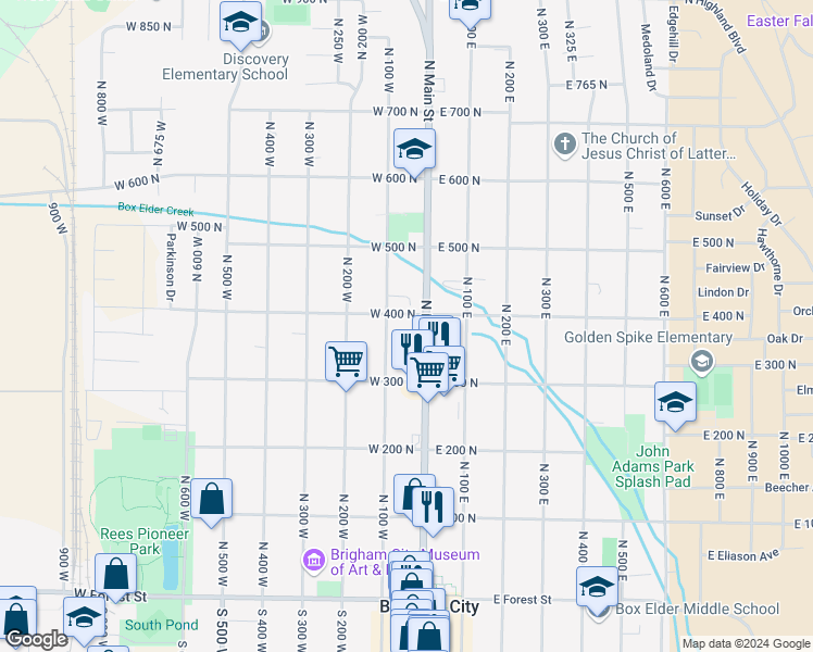 map of restaurants, bars, coffee shops, grocery stores, and more near 367 North Main Street in Brigham City