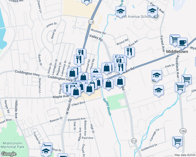 map of restaurants, bars, coffee shops, grocery stores, and more near 4 Rego Road in Middletown