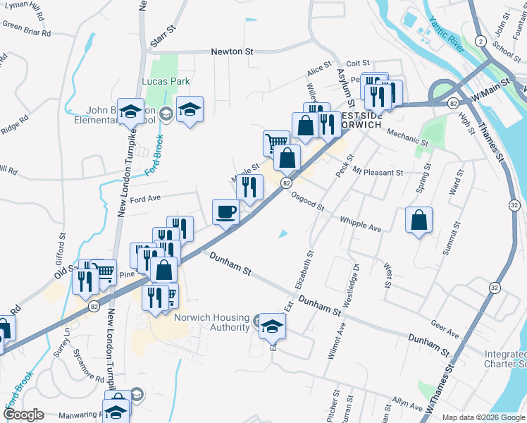 map of restaurants, bars, coffee shops, grocery stores, and more near 212 1/2 Maple Street in Norwich