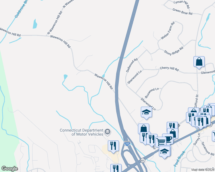 map of restaurants, bars, coffee shops, grocery stores, and more near 94 Wawecus Hill Road in Norwich