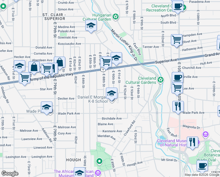 map of restaurants, bars, coffee shops, grocery stores, and more near 1375 East 89th Street in Cleveland