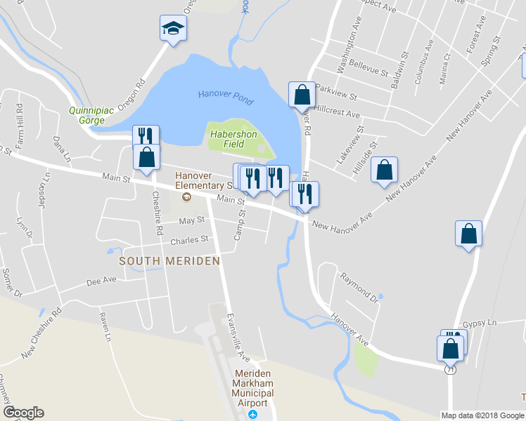 map of restaurants, bars, coffee shops, grocery stores, and more near 74 Connecticut 70 in Meriden