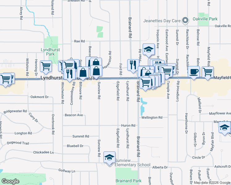 map of restaurants, bars, coffee shops, grocery stores, and more near 1520 Edgefield Road in Lyndhurst