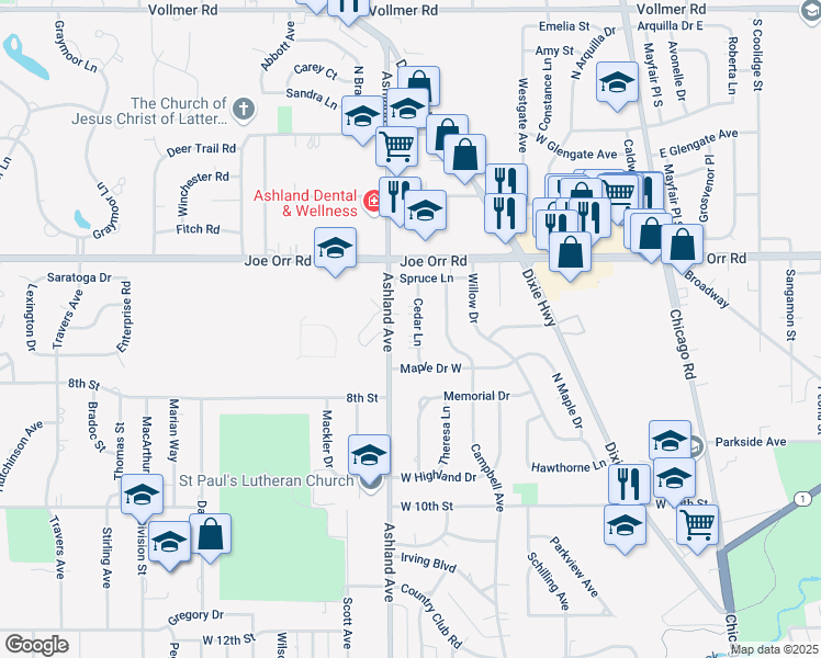 map of restaurants, bars, coffee shops, grocery stores, and more near 730 Cedar Lane in Chicago Heights