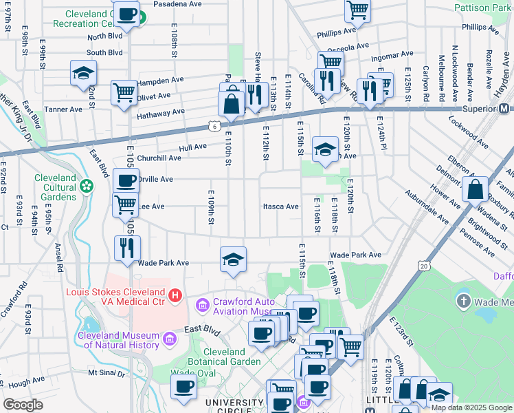 map of restaurants, bars, coffee shops, grocery stores, and more near 1448 East 112th Street in Cleveland
