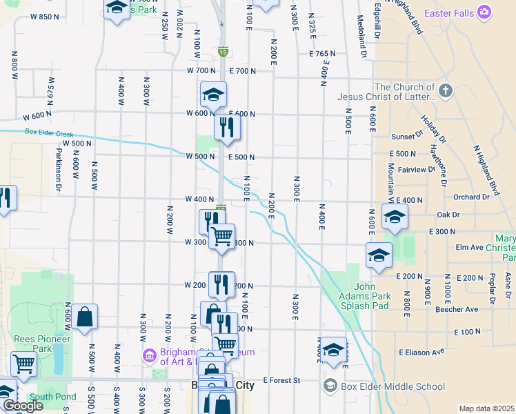 map of restaurants, bars, coffee shops, grocery stores, and more near 130 East 400 North in Brigham City