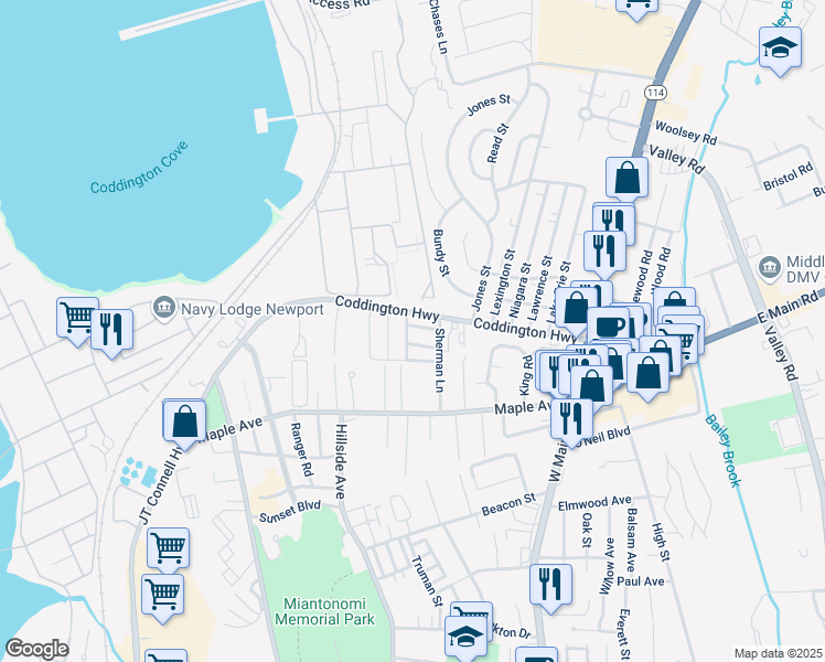 map of restaurants, bars, coffee shops, grocery stores, and more near 16 Bayview Park in Middletown