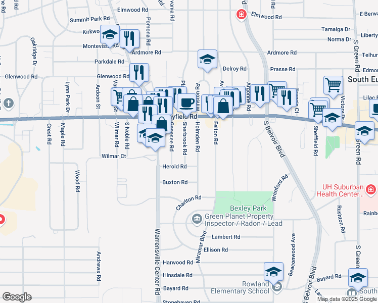 map of restaurants, bars, coffee shops, grocery stores, and more near 1517 Sherbrook Road in South Euclid