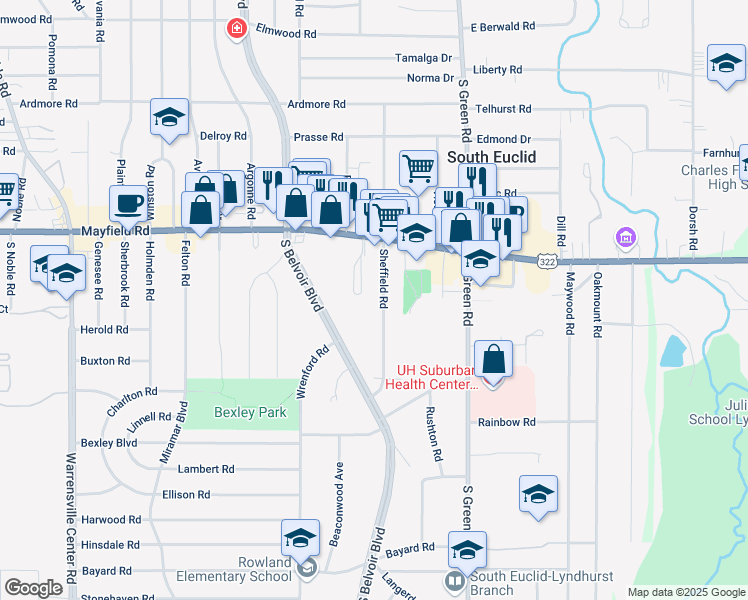 map of restaurants, bars, coffee shops, grocery stores, and more near 1520 Sheffield Road in South Euclid